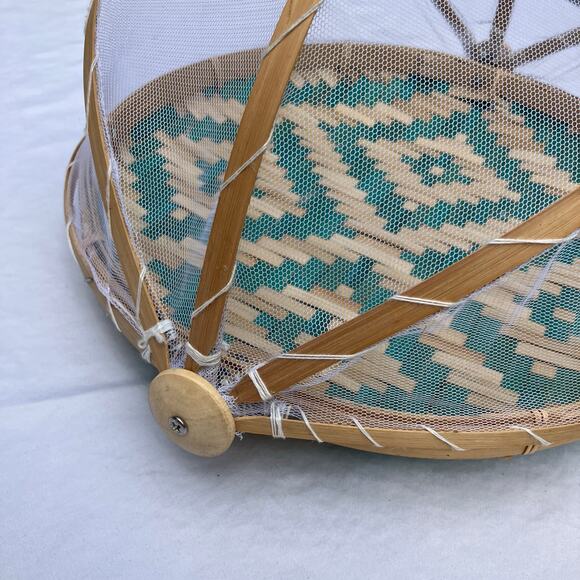 Hand Woven Bamboo Food Serving Tent w/Mesh Cover Teal Aztec - Picture 7 of 8